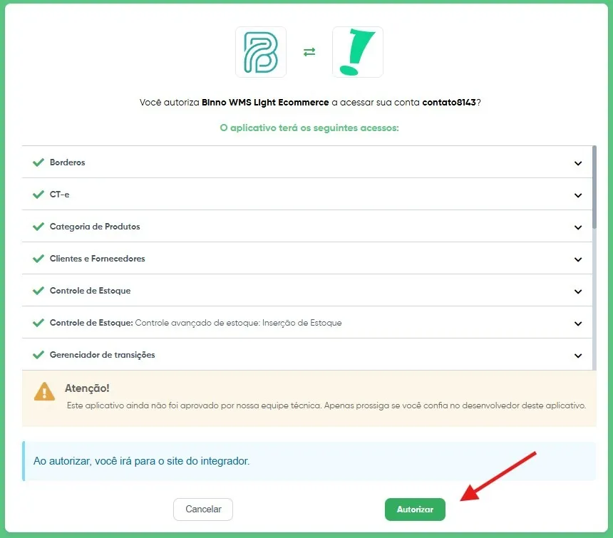 Tela de autorização do Bling
