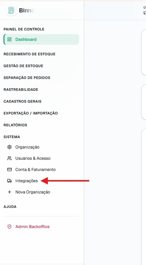 Menu Lateral com opção de Integrações